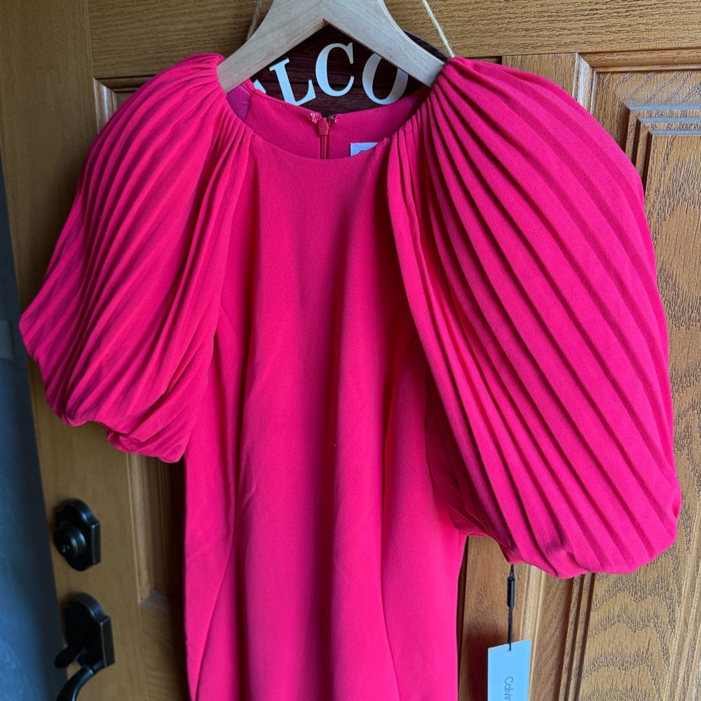 NWT Calvin Klein Hot Pink Pleated Puff Sleeve Dress Size 2 - Picture 10 of 15